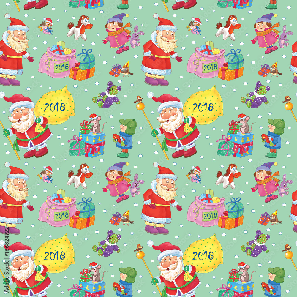 Seamless pattern. New Year 2018.  Christmas. Cute Santa with Christmas presents and happy kids. 