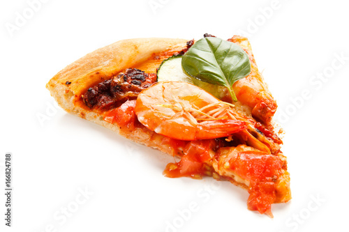 Pizza with shrimps on white background 