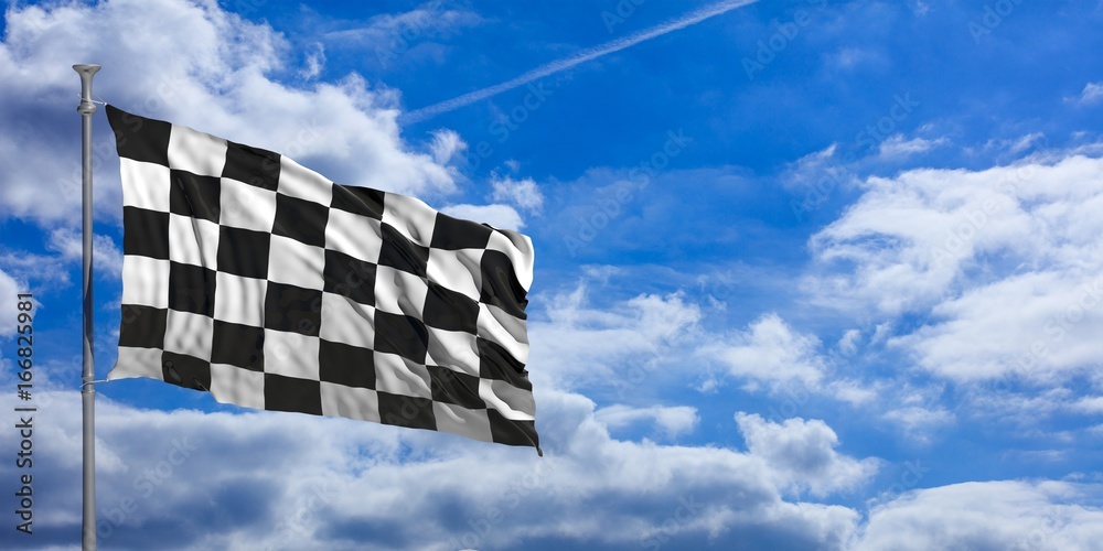 F1 waving flag on blue sky. 3d illustration