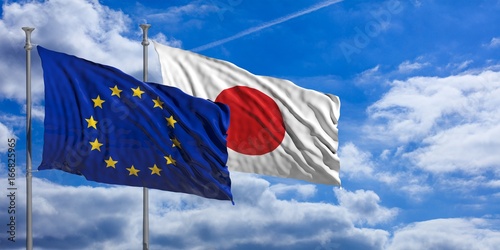 Japan and EU waving flags on blue sky. 3d illustration