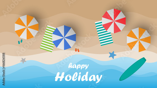Topview of beach with happy holiday text, Poster vector illustration