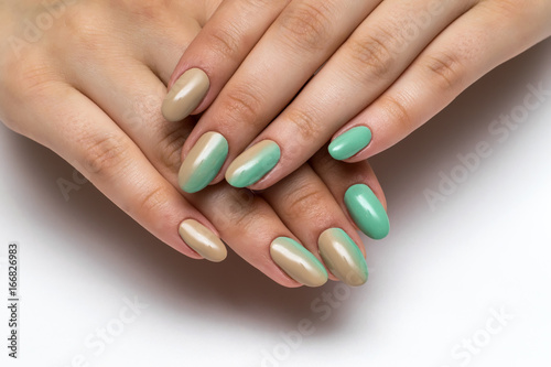 Beige, minty, green ombre manicure on long oval nails 