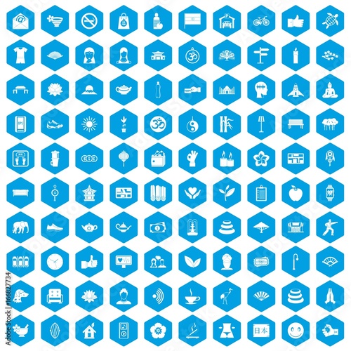100 yoga studio icons set blue