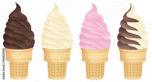 Fotografie, Tablou Vector illustration of soft serve ice cream cones in a variety of flavors
