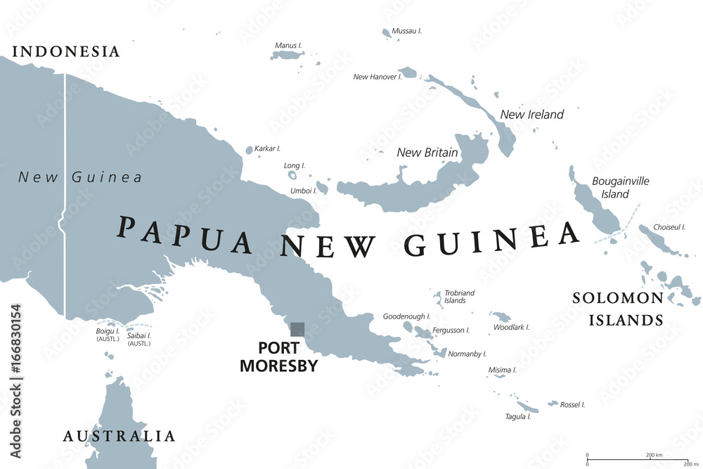 Vetor do Stock: Papua New Guinea political map with capital Port Moresby.  English labeling. Independent state on eastern half of island of New Guinea  with islands in Melanesia. Gray illustration over white.