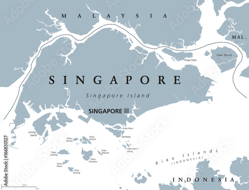 Singapore political map with English labeling. Republic and sovereign state in Southeast Asia. Sometimes called Lion City, Garden City or Little Red Dot. Gray illustration on white background. Vector.