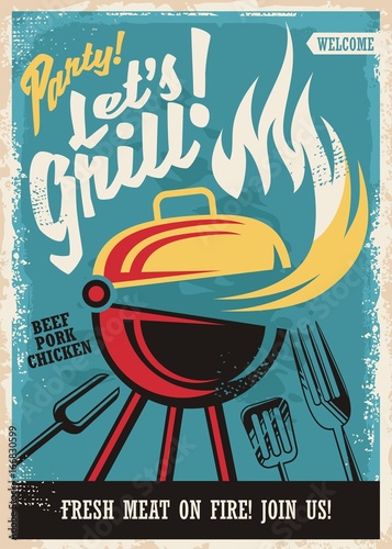 Plakat Szablon plakat party grill grilla. Projekt plakatu retro z urządzenia do grillowania i mięsa z grilla żywności w ogniu. Reklama fast food.