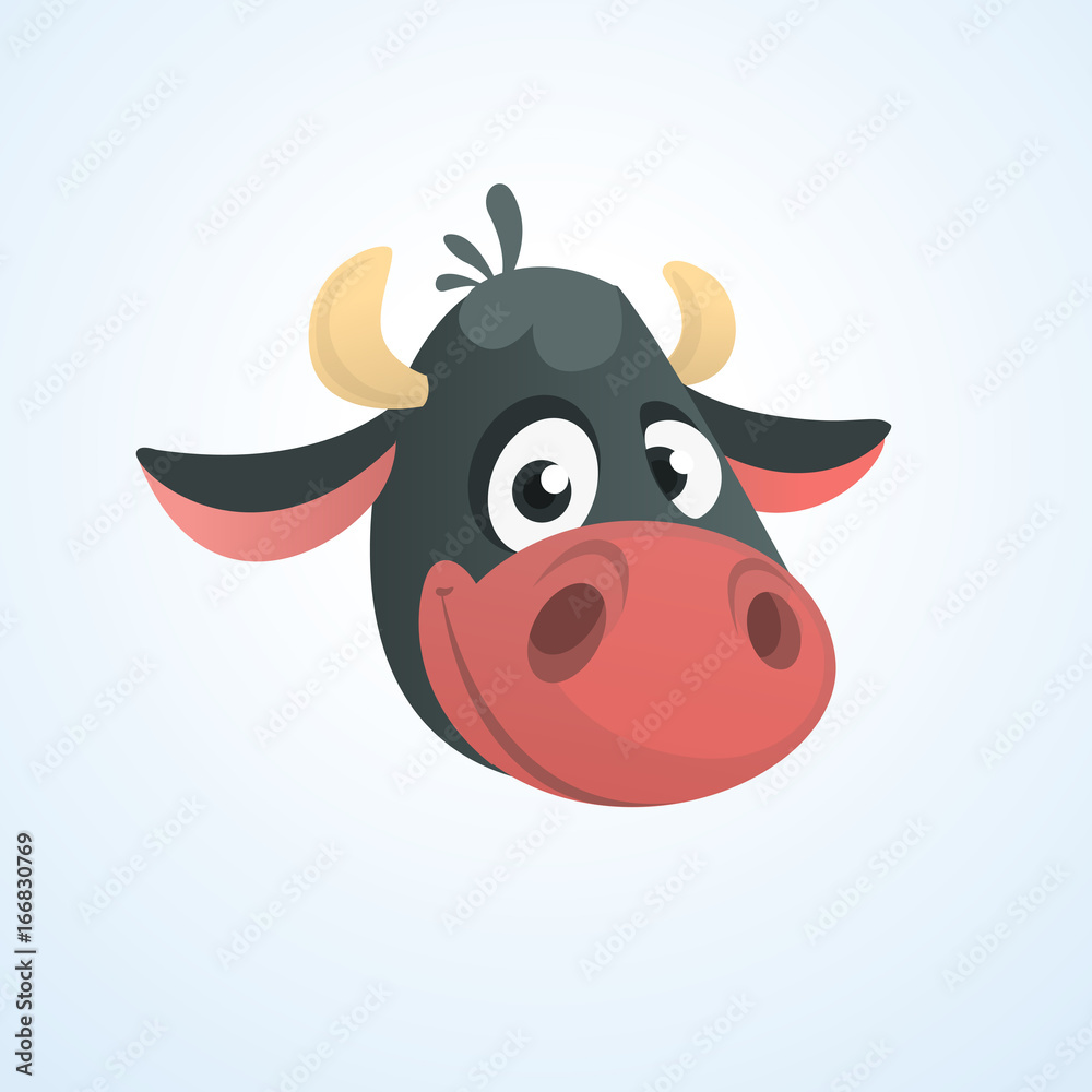 Cartoon cute cow icon. Vector illustration of a cool black cow head. Great for print, sticker, banner or emblem. Isolated on white