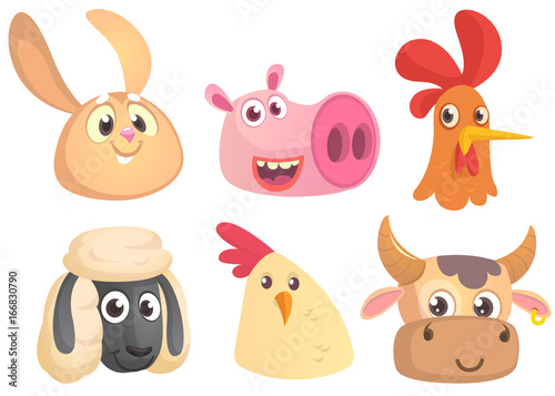 Set of cartoon farm animals head icons. Vector collection of farm domestic animals. Rabbit, pig, rooster, sheep, chicken, cow