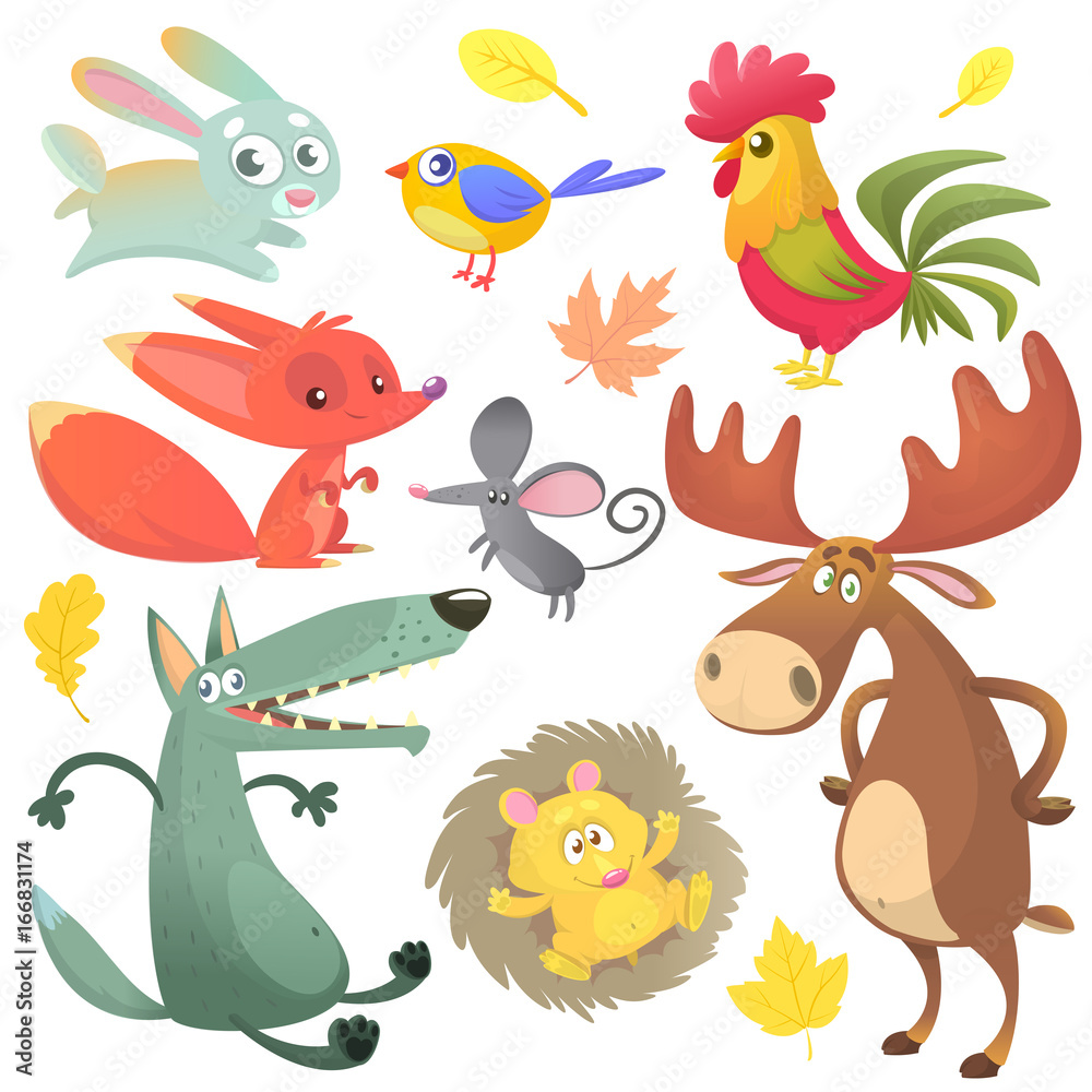 Fototapeta premium Cartoon forest animal characters. forest animals vector illustration. Bunny rabbit, rooster, fox, mouse, wolf, hedgehog, moose elk and blue yellow bird