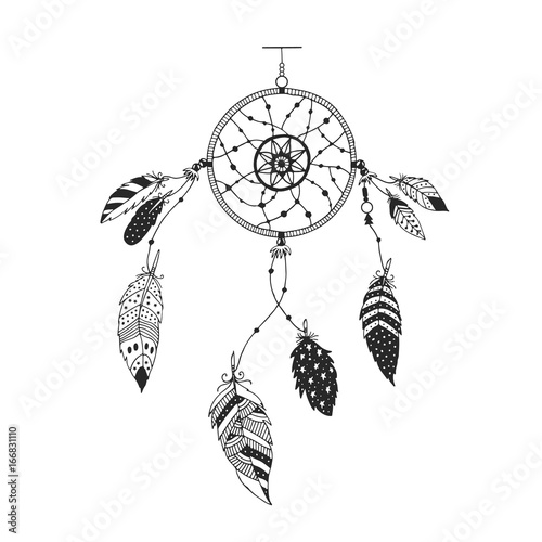 Cute hand drawn dreamcatcher with feather. Vector handdrawn doodle illustration