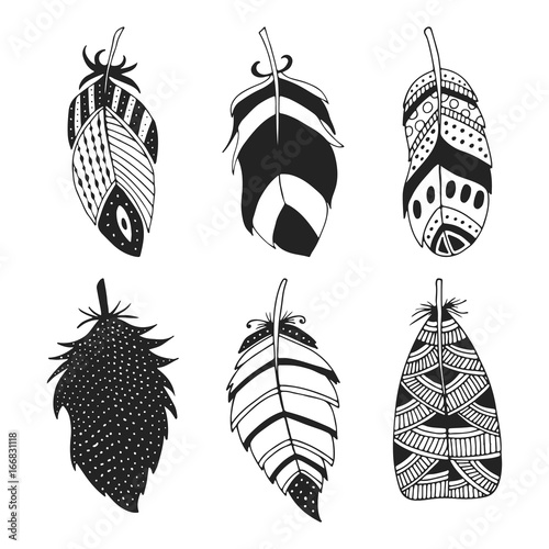 Cute hand drawn set of different feathers. Bird feather collection in doodle style. Vector illustration