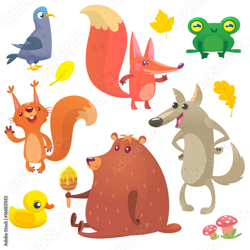 Cartoon forest animals set. Vector set of animal icons isolated on white. Vector illustration of pigeon, fox, frog, squirrel, duck, bear and wolf