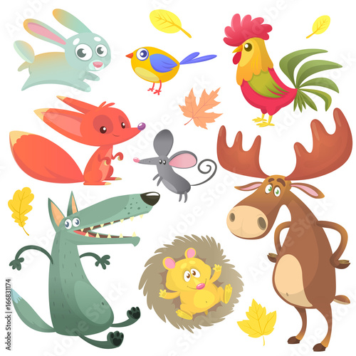 Cartoon forest animal characters. forest animals vector illustration. Bunny rabbit, rooster, fox, mouse, wolf, hedgehog, moose elk and blue yellow bird © drawkman