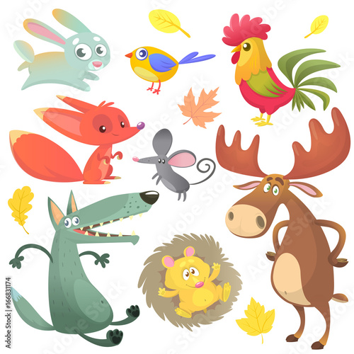 Cartoon forest animal characters. forest animals vector illustration. Bunny rabbit, rooster, fox, mouse, wolf, hedgehog, moose elk and blue yellow bird