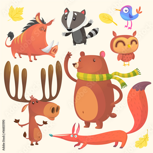 Collection of cartoon forest animals images. Vector set of animal icons isolated on white. Vector illustration of boar, badger, blue bird, elk moose, bear, owl and fox
