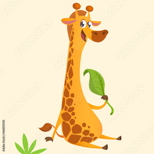 Cartoon giraffe mascot. Vector illustration of african savanna giraffe eating a leaf and smiling. Great for sticker print or design