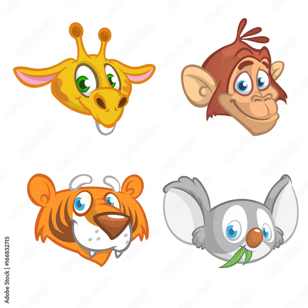 Obraz premium Cartoon african animal head icons collection. Vector set of wild animals including giraffe, chimpanzee monkey, tiger andkoala bear. Illustrations isolated on white. 