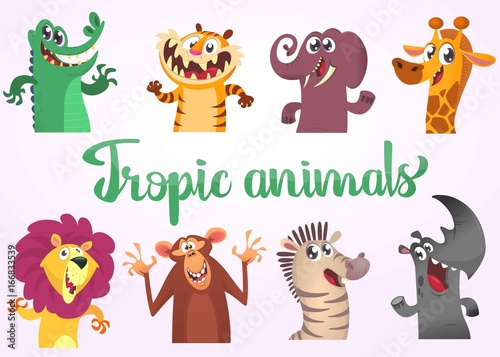 Cartoon tropic wild animals set. Vector illustrations of African animals. Crocodile alligator, tiger, elephant, giraffe, lion, monkey chimpanzee, zebra and rhino.