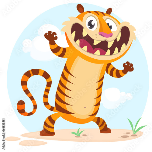 Fototapeta Naklejka Na Ścianę i Meble -  Lovely cartoon tiger character. Wild jungle animal collection. Baby education. Isolated. Flat design element. Vector illustration on simple nature background. 