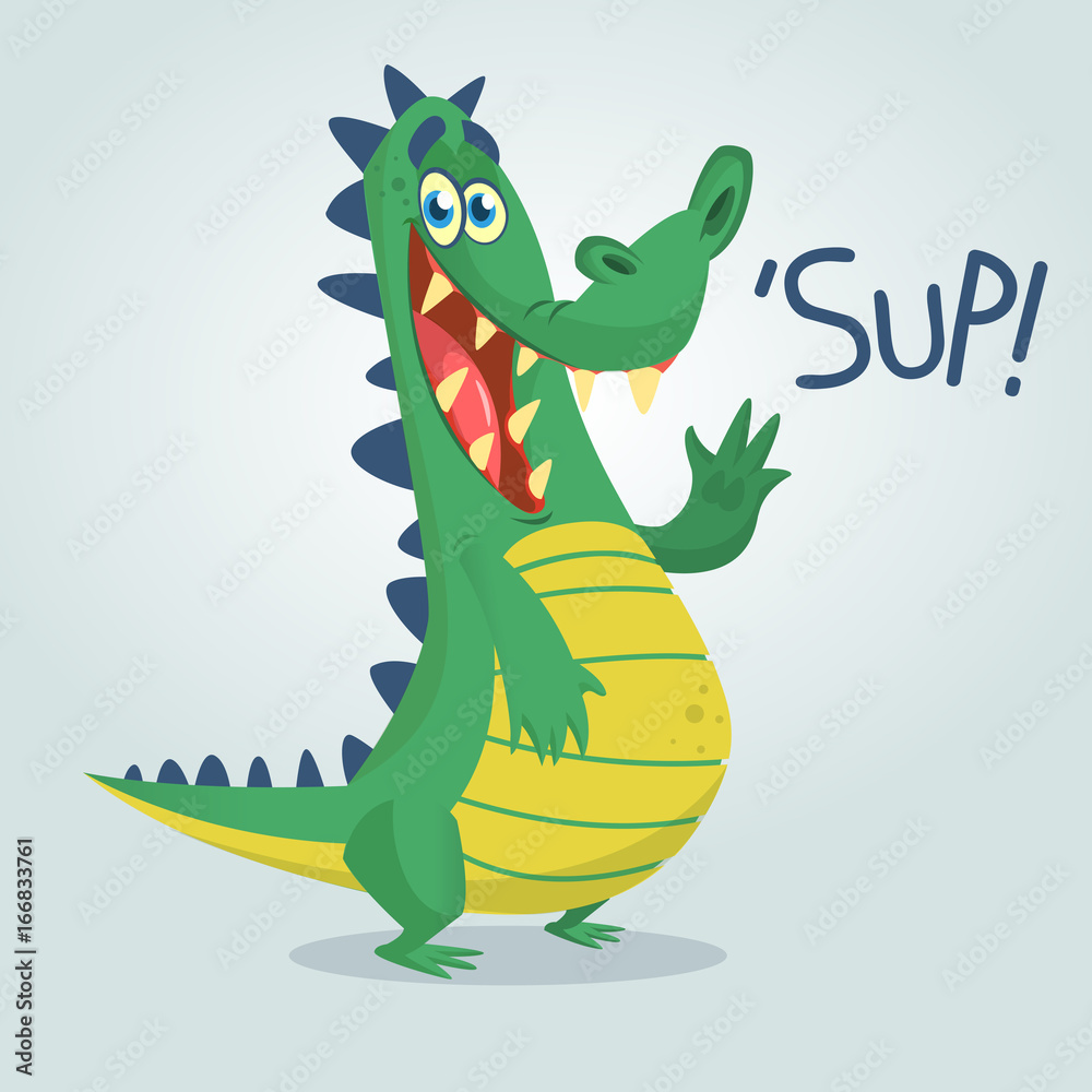 Naklejka premium Cool cartoon crocodile or dinosaur. Vector illustration of a green crocodile waving and presenting. Isolated light background. Great for animation