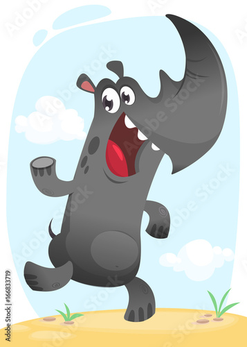 Funny cartoon rhino dancing. Wild tropic animal collection. Isolated on white background. Vector illustration of rhino running and smiling. Design element 