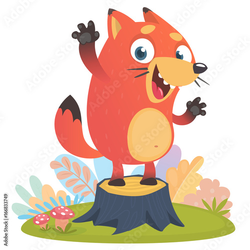 Cartoon cool little fox standing and waving on tree stump in summer season background with flower and mushrooms. Vector illustration isolated