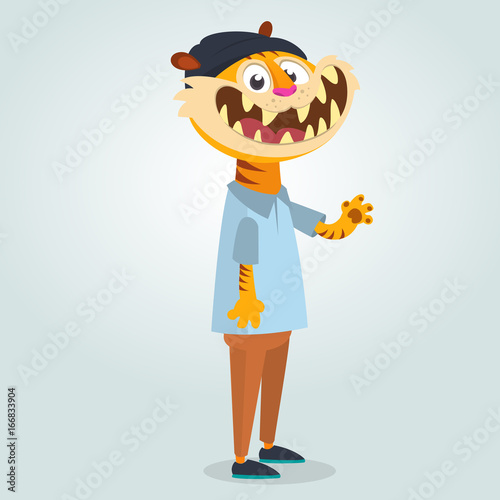 Fototapeta Naklejka Na Ścianę i Meble -  Pretty human-look. Isolated cartoon: teenage fashion hipster tiger wearing black hat. Flat vector illustration. 