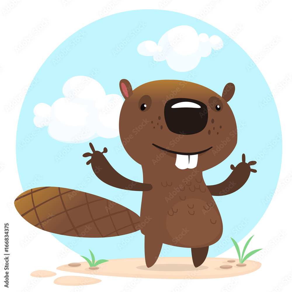 Cute funny cartoon vector beaver waving with his hands. Fluffy beaver  character with big teeth presenting. Brown beaver mascot Stock Vector |  Adobe Stock