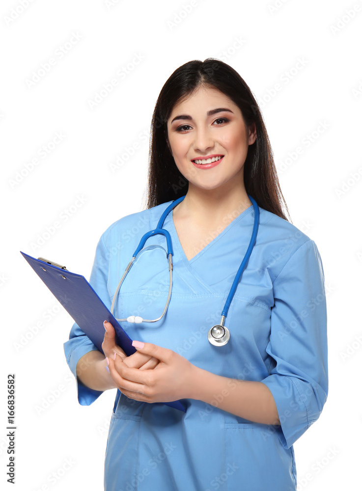 Young female doctor with stethoscope on white background Young female doctor with stethoscope on white background