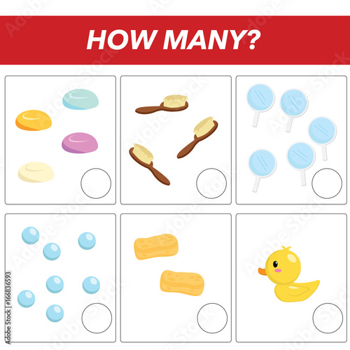 Counting educational children game, kids activity sheet, how many object task, Learning mathematics, numbers, addition theme, bath theme