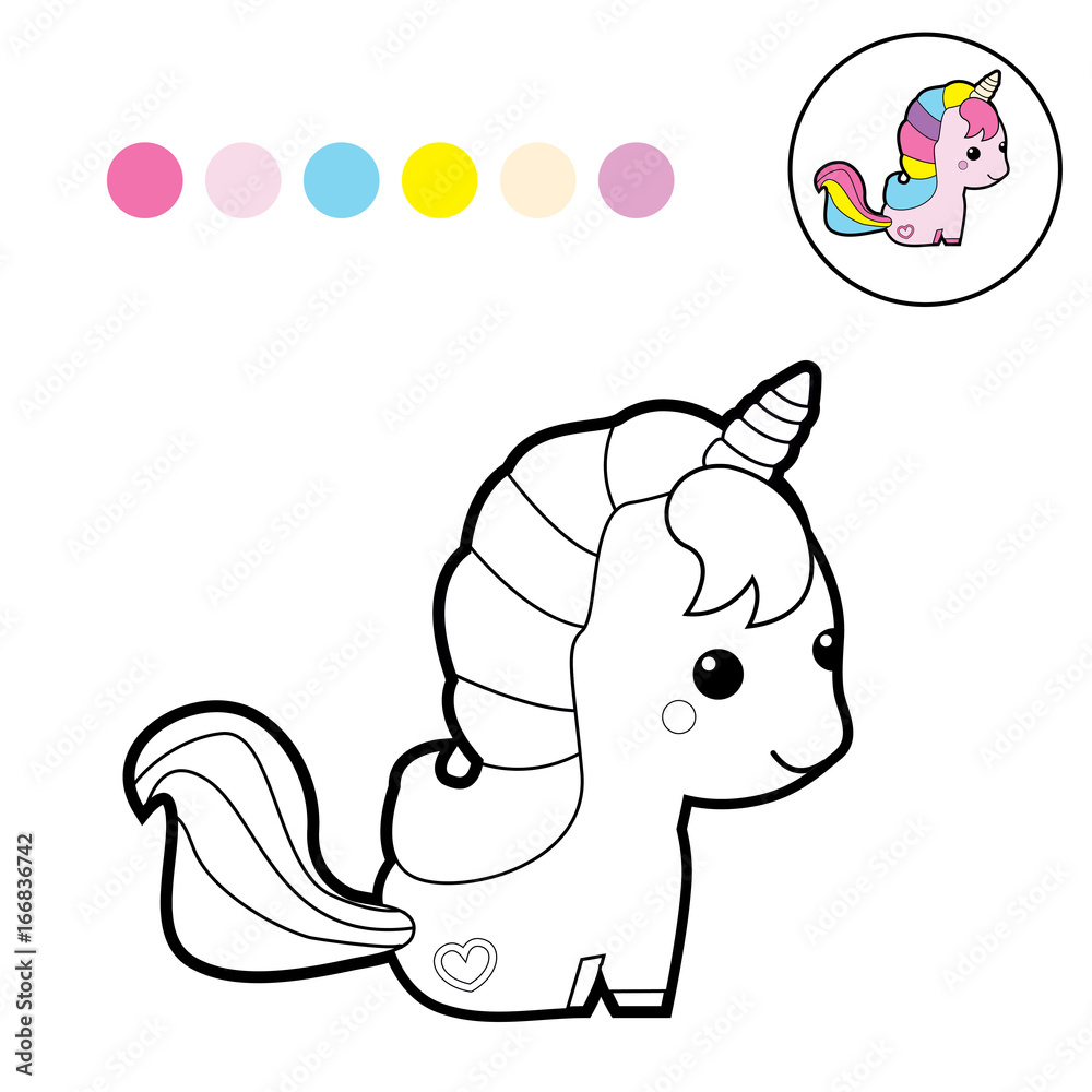 Cute unicorn clipart coloring activity. Vector illustration