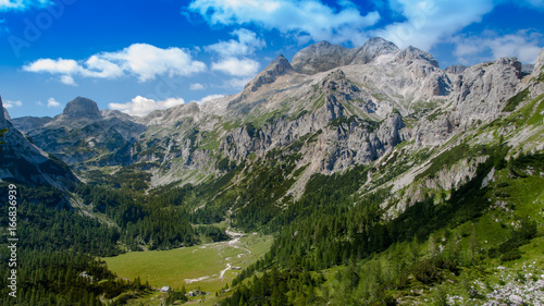 Panoramic view from the mountain hut Vodnikov dom to the valley Triglav National Park,.Julian Alps, Slovenia.