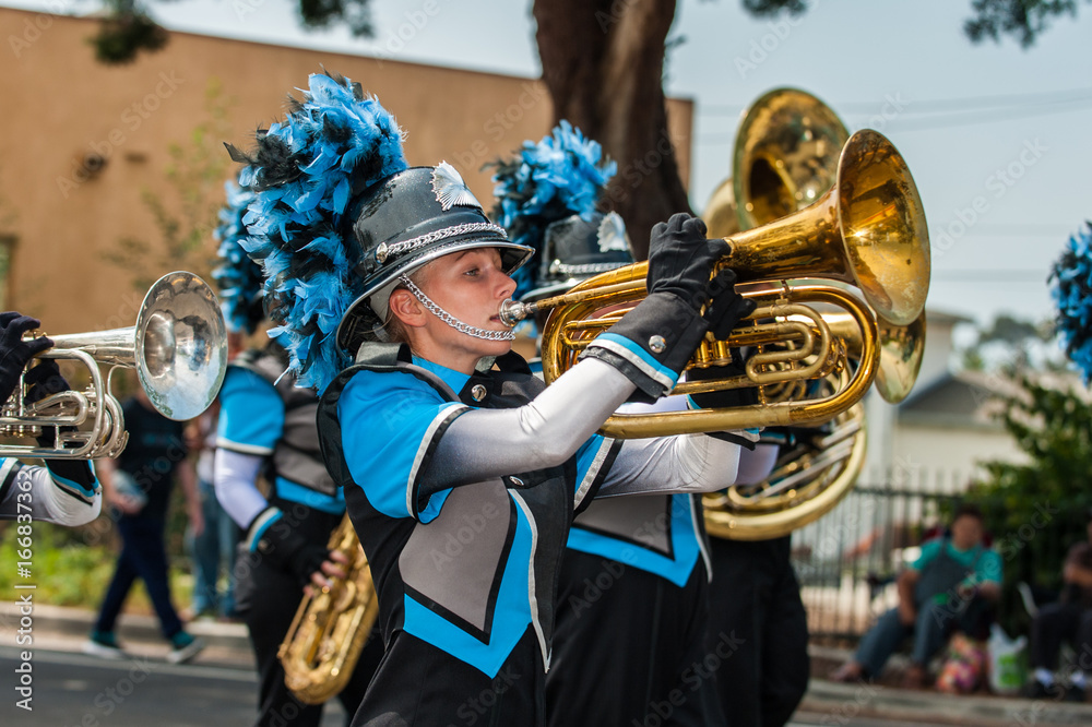 Marching band female baritone player in the number one position. Stock-Foto  | Adobe Stock