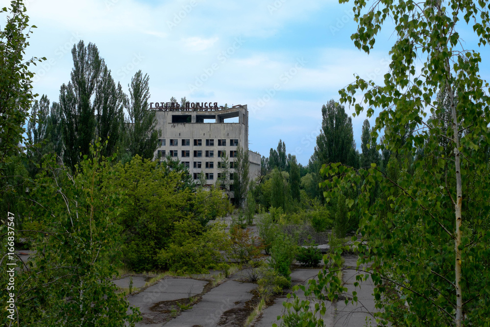 Polissya hotel, one of the tallest building in Pripyat, in the exclusion zone close to Chernobyl
