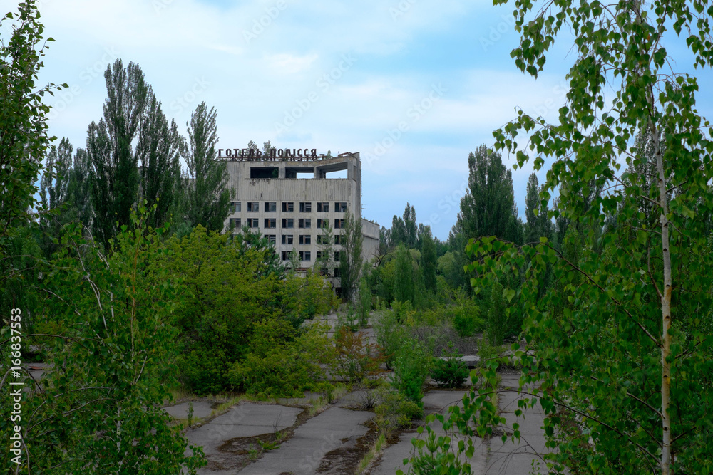 Pripyat, the city close to Chernobyl, a view of one of the ruined building