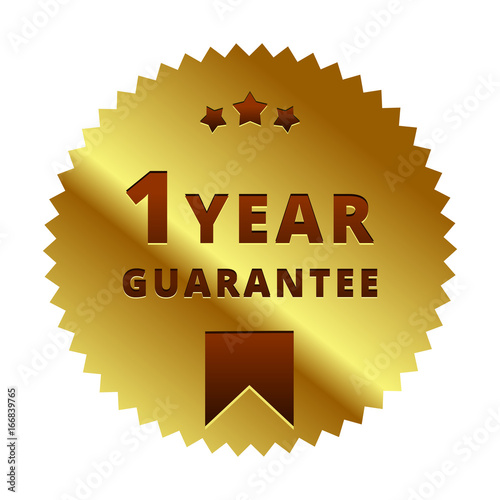 1 year gold guarantee badge, emblem, symbol, mark, icon