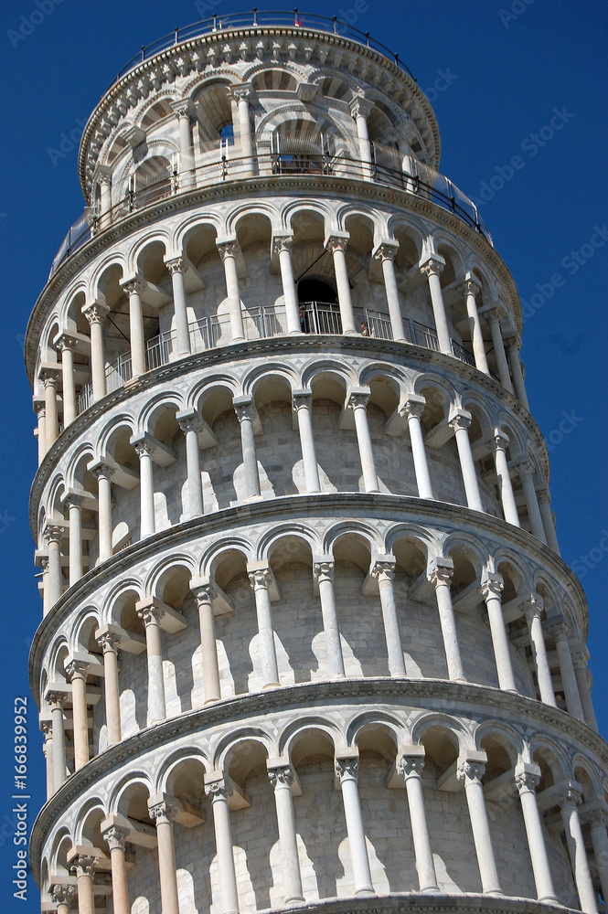 close up of the Leaning Tower of Pisa on a background of deep blue sky