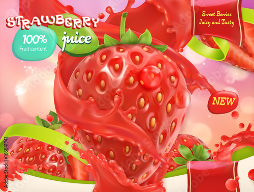 Strawberry juice. Sweet fruits and berries. 3d realistic vector, package design