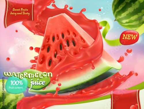 Watermelon juice. Sweet fruits. 3d realistic vector, package design