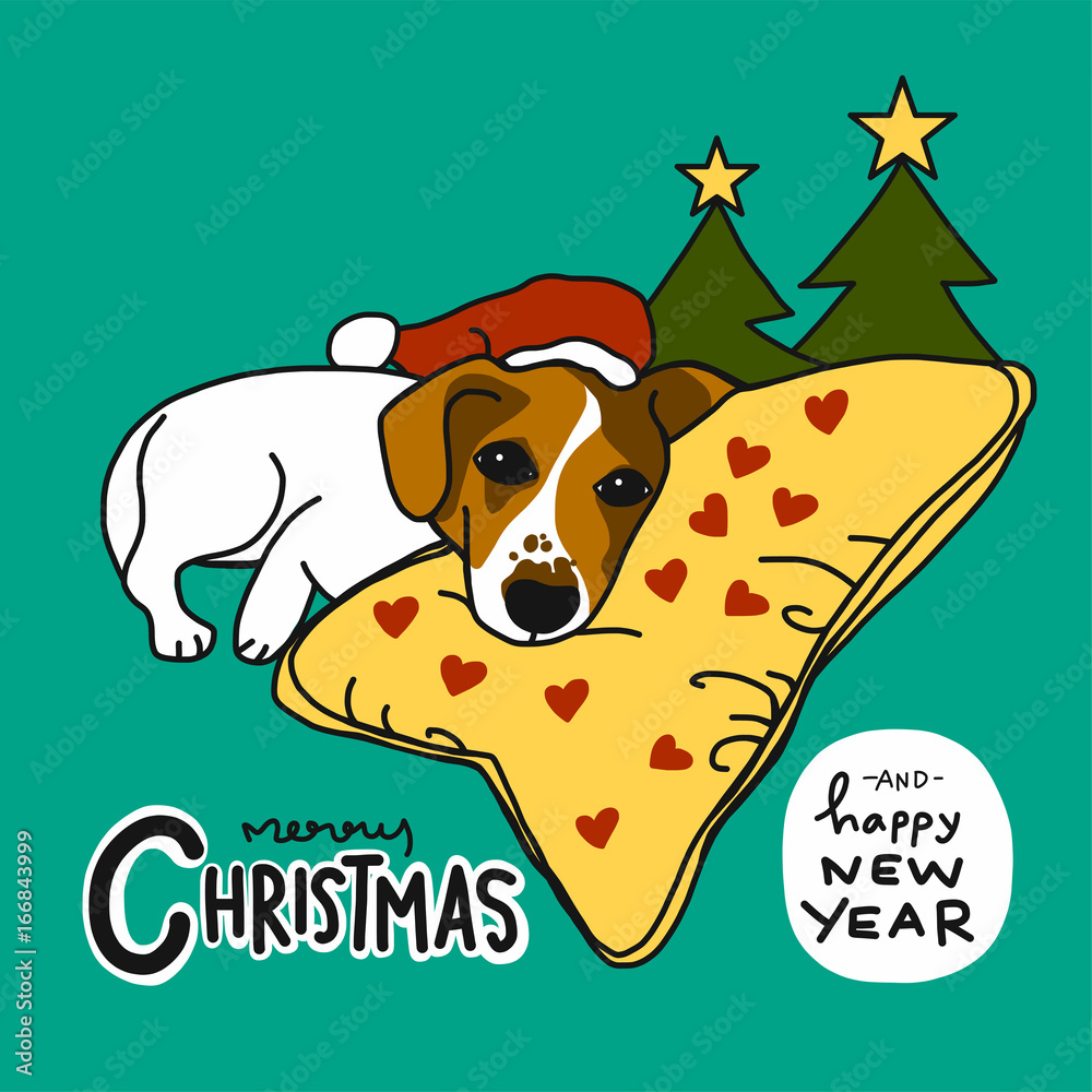 Fototapeta premium Jack Russell dog sleep on heart pillow Merry Christmas and Happy New Year cartoon vector illustration