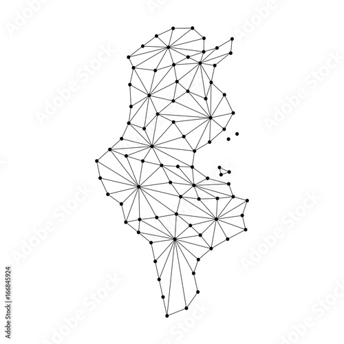 Tunisia map of polygonal mosaic lines network  rays and dots vector illustration.