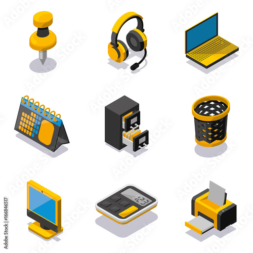 Set of office objects isometric icons