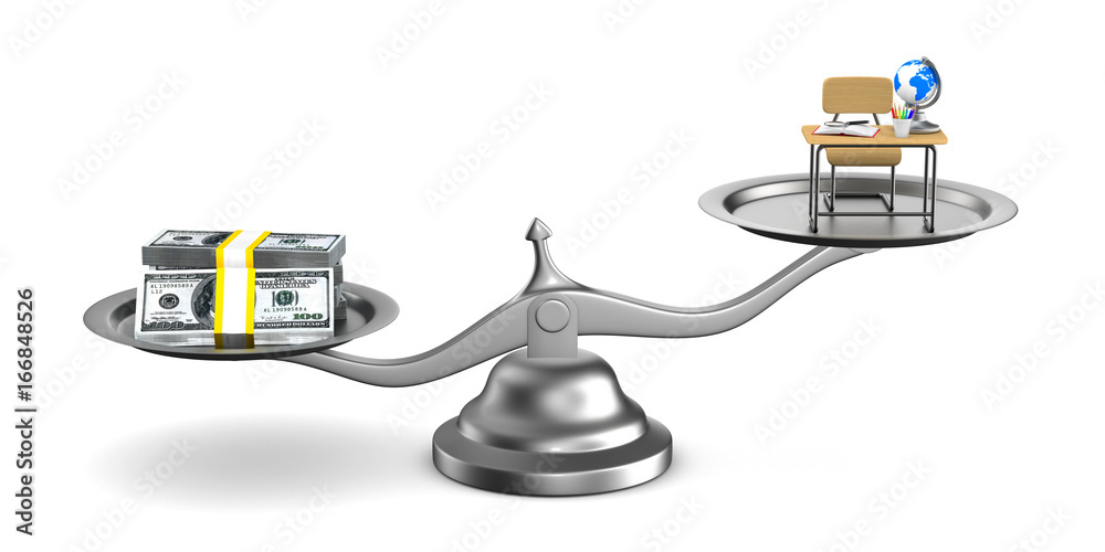 Money and education on scales. Isolated 3D illustration Money and education on scales. Isolated 3D illustration