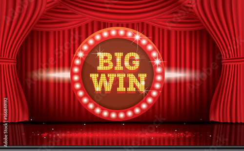 Big Win Neon Banner with Red Curtain. Vector Illustration.