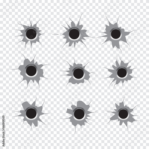 Bullet holes Set. Isolated on white transparent background. Vector illustration.