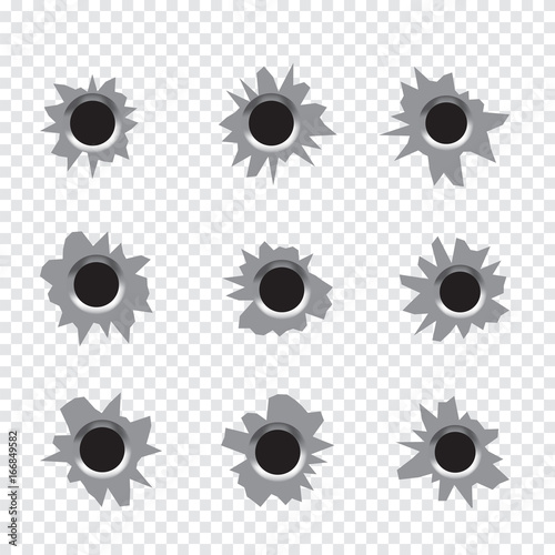 Bullet holes Set. Isolated on white transparent background. Vector illustration.
