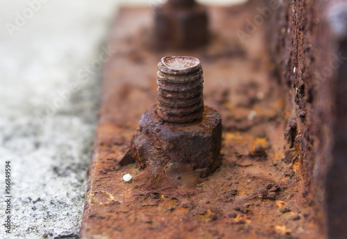 Selective focus and close up / Rusty red nut and bolt