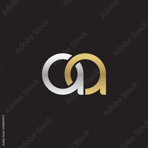 Initial lowercase letter aa, linked overlapping circle chain shape logo, silver gold colors on black background