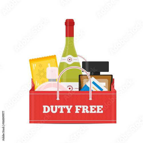 Vector flat icons of Duty Free shop and goods at airport